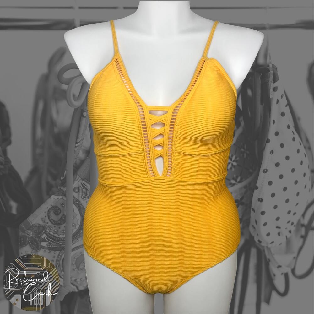 Nicole Miller Yellow Plunging Neckline One Piece Swimsuit - Size 10